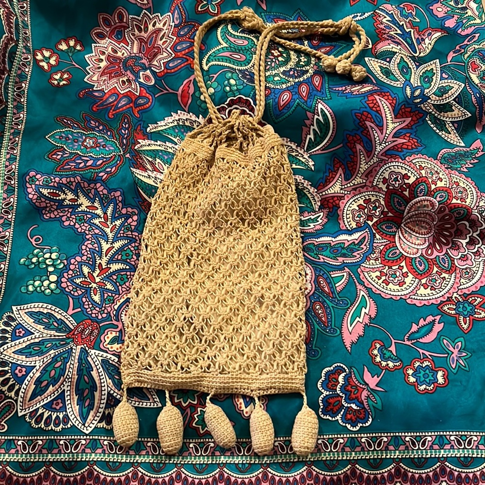 Antique crocheted lace tassels clutch purse